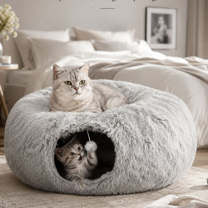 2-i-1 Kattunnel & Kattbädd i Plysch