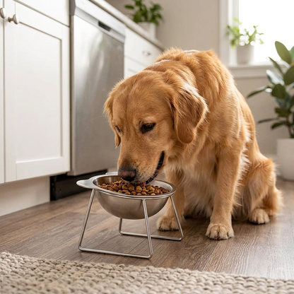 Stainless Steel Elevated Pet Bowl in use