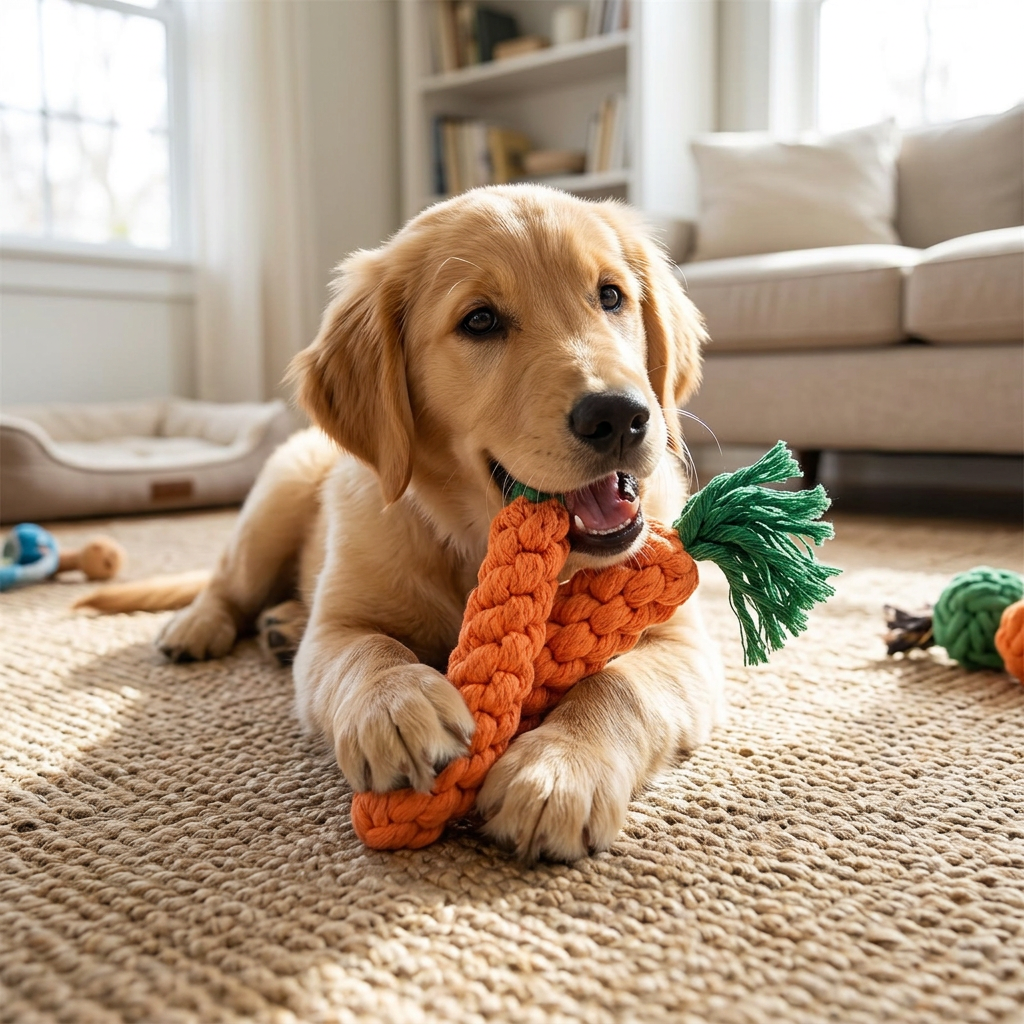 Carrot Rope Knot Toy in use