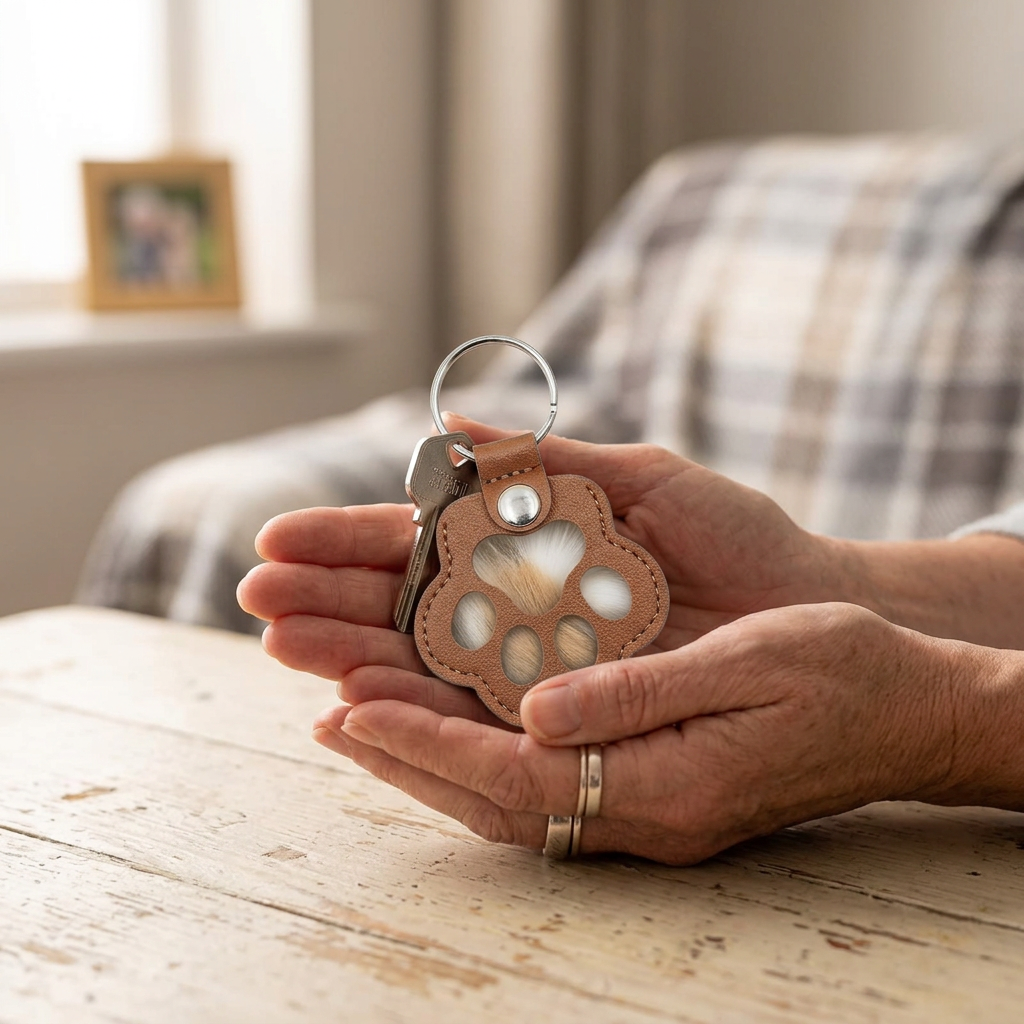 Pet Hair Memorial Keychain in use