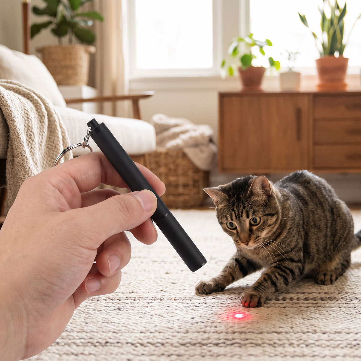 Laserpekare nyckelring i användning med katt