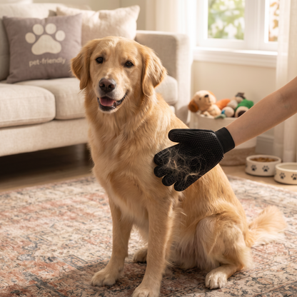 Pälsborttagarhandske används på hund i vardagsrummet