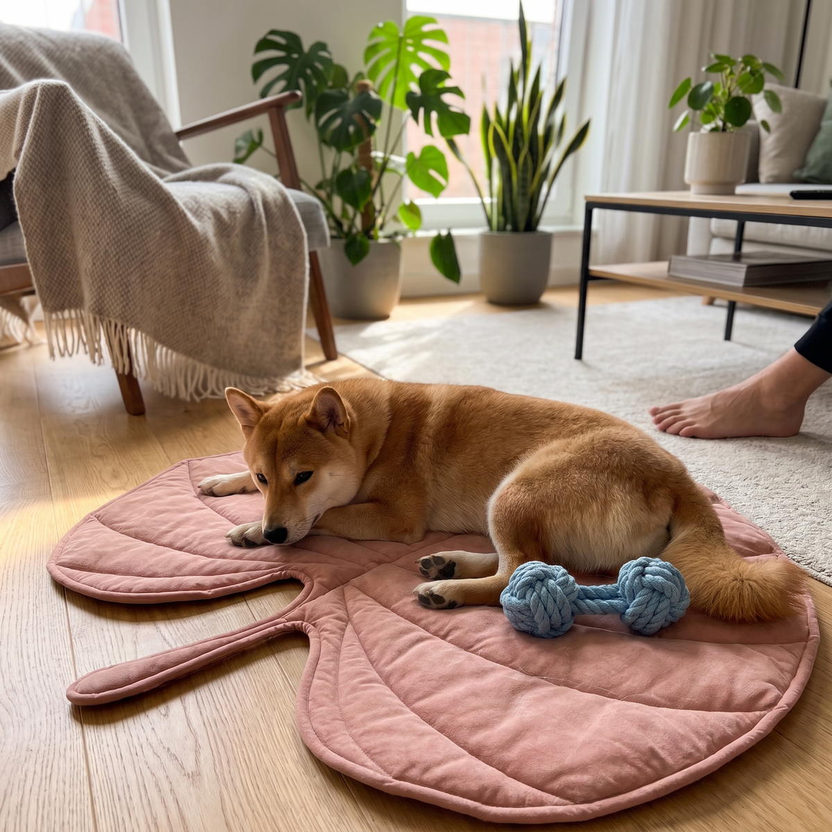 Hund vilar på lövformad hund- och kattbädd