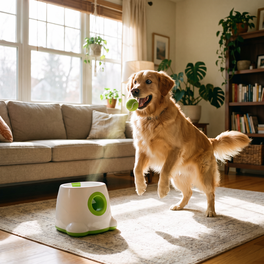 Hund hämtar boll från automatisk bollkastare