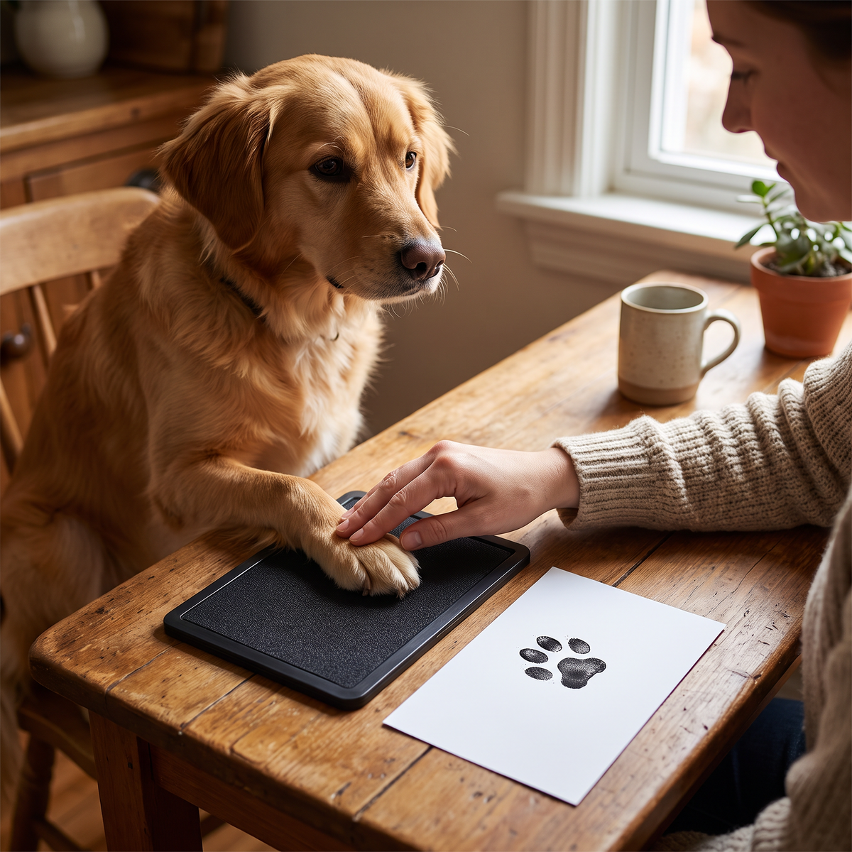 Hund får sin tass tryckt med bläckfritt tassavtryckskit