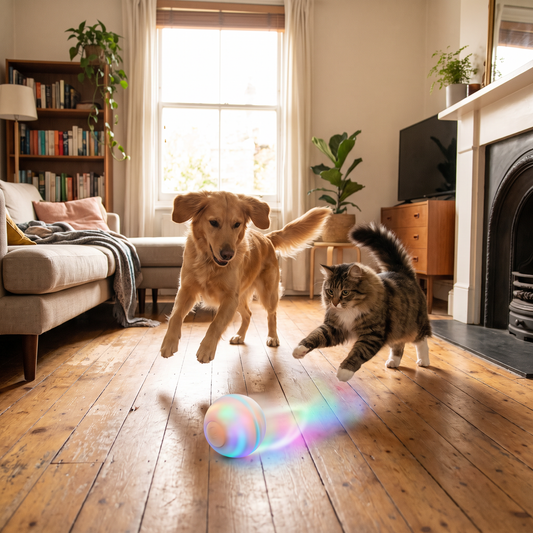 Hund och katt leker med rullande boll