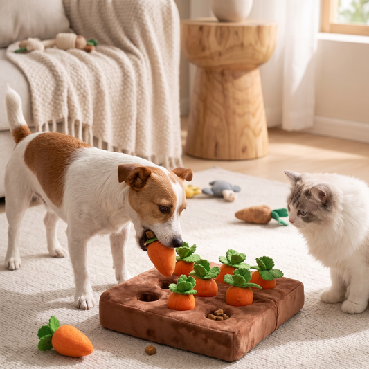 Hund och katt vid snuffelmatta med morötter