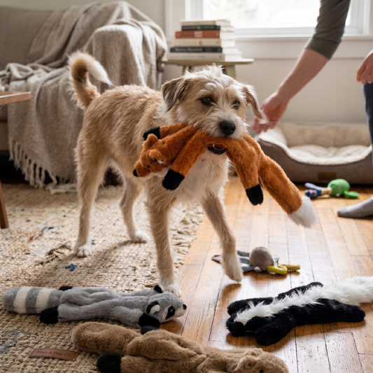 Hund leker med pipande plyschleksak