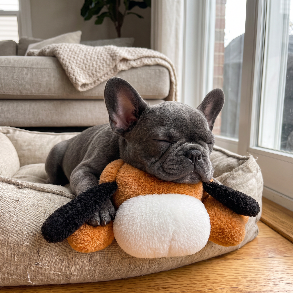 Valp somnar med plyschleksak med hjärtslag