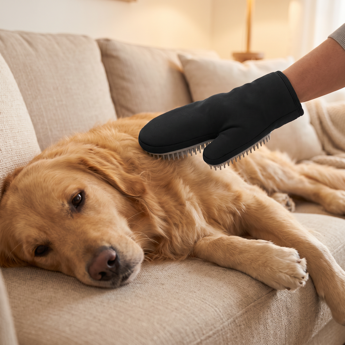 Pälsborttagningshandske används på hund