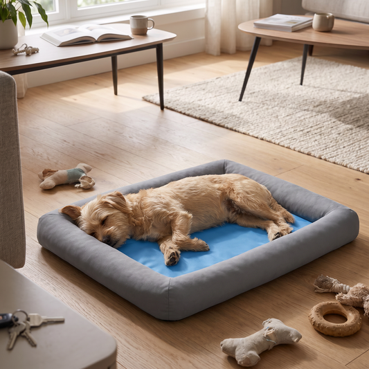 Hund sover i kylande hundbädd
