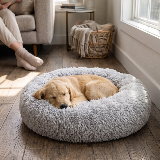 Hundvalp sover i lugnande donutbädd
