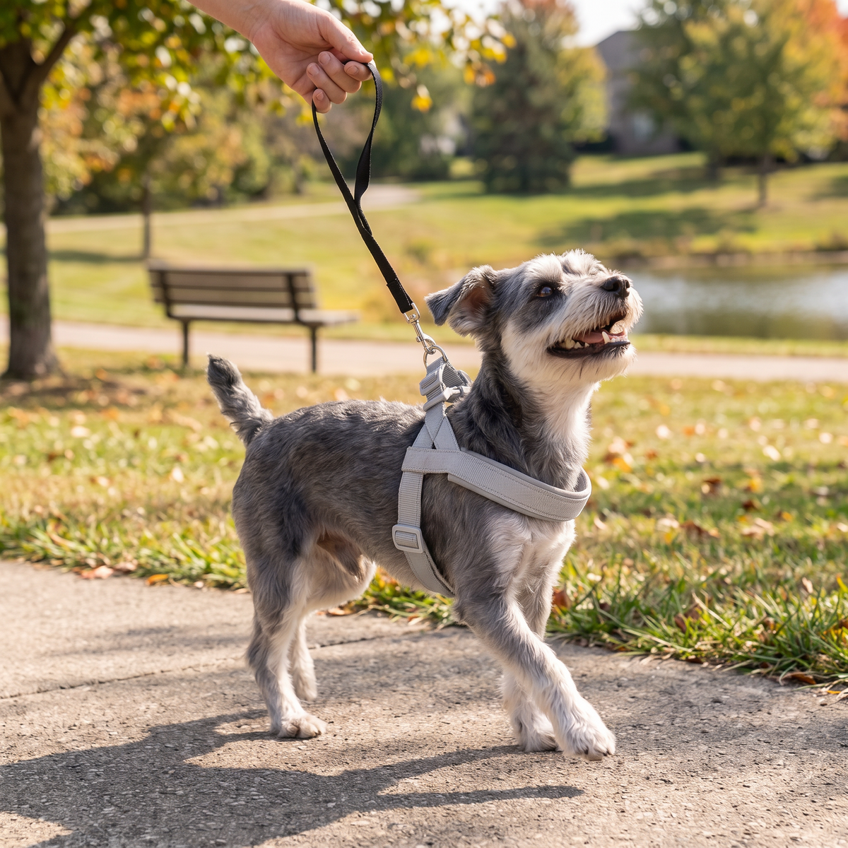 Hund bär anti-drag-hundsele på promenad