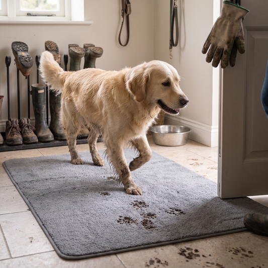 Hund på absorberande mikrofibermatta